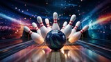 Dynamic bowling alley scene with a bowling ball about to strike pins under vibrant colorful spotlights and blurred background lights