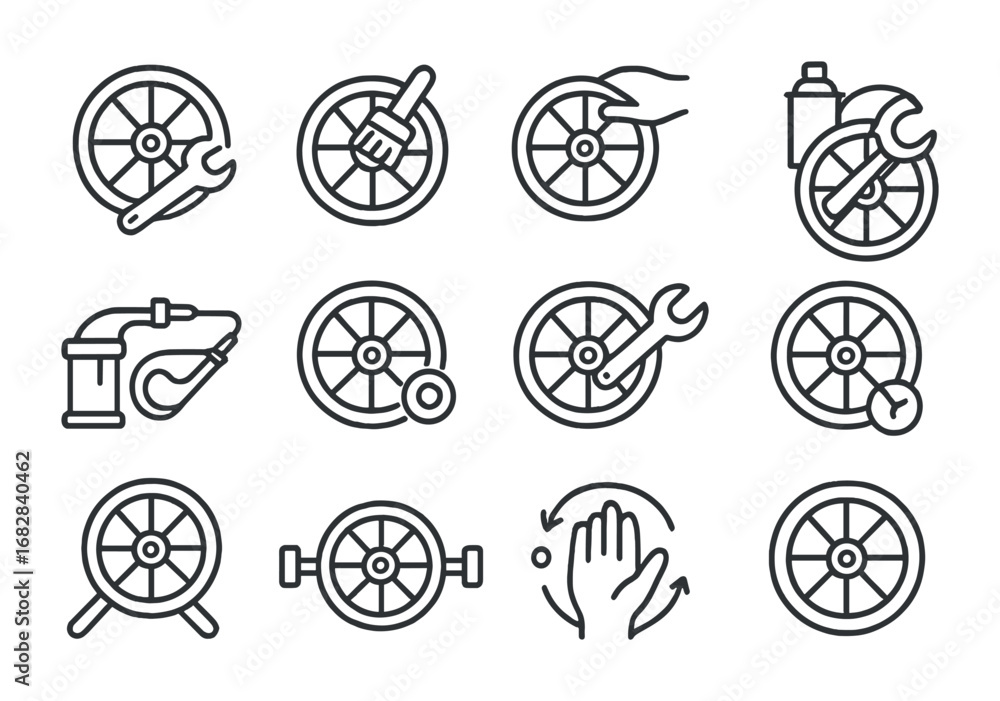 Wagon Wheel Icons. Outline icon set of Wagon wheel repair process ...