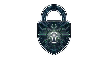 Futuristic cybersecurity concept with a high-tech padlock illustration showing a circuit board design