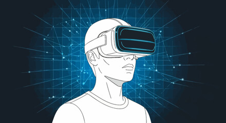 Futuristic concept of a man in a virtual reality headset exploring an interconnected digital network or metaverse