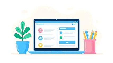 Modern Laptop Setup with Office Plant and Digital Interface Display.