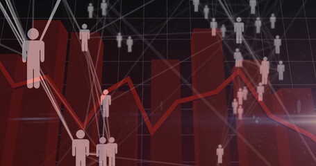 Wall Mural - Displaying red 3D bars, zigzag line graph on dark grid, with white lines linking silhouettes