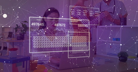 Typing woman using laptop with headphones in open plan tech office, with data display overlays