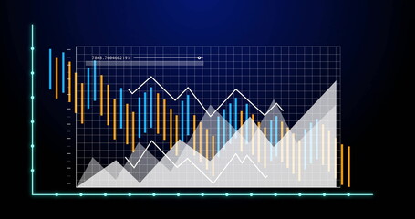 Wall Mural - Displaying multi series chart on dark backdrop, with white grid, cyan axes and orange blue bars