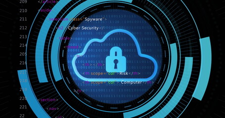 Wall Mural - Showing stylized cloud icon with lock over dashboard with HUD rings streaming binary and HTML code