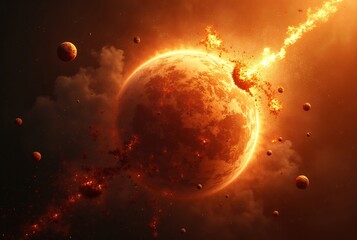 Wall Mural - Planet Breaking Apart in Fiery Explosion Debris Floating in Space