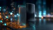 © Puhnnawit - Sleek black smartphone with soft holographic glow, dual option cards, cinematic lighting, and futuristic night cityscape, emphasizing intuitive user interaction and dynamic interface