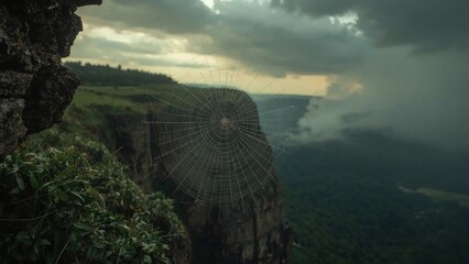 Majestic spider web glistening on a cliffside with a lush green valley and stormy sky in the background
