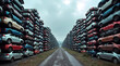 © Abdulloh - Stacks of unsold cars filling a parking lot creating a long corridor