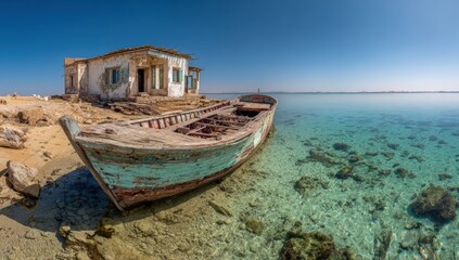  Abandoned house and boat on a shallow, clear sea