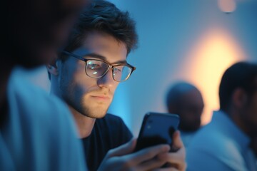Focused young man with glasses using smartphone in dimly lit tech environment, screen light reflecting on face. Male professional or student working late, browsing or coding during online session.