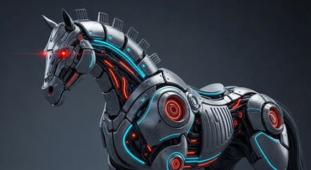 A futuristic robotic horse with glowing red eyes and intricate mechanical details, showcasing advanced technology and artificial intelligence.