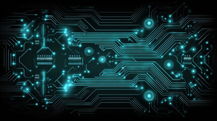 Abstract Representation of Technology With Glowing Circuit Board Patterns and Digital Connections in a Dark Background