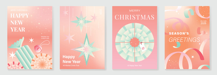 Wall Mural - Christmas and Happy Holidays poster vector set. Modern new year card template with gift, ribbon, bell on red pink orange gradient background. Design for cover, website, promotion, ads.