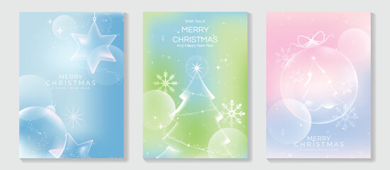 Wall Mural - Christmas and Happy Holidays poster vector set. Modern new year card template with christmas tree, bauble, star on green blue pink gradient background. Design for cover, website, promotion, ads.