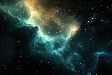 Wall Mural - A stunning vista of deep space, showcasing swirling nebulas in vibrant turquoise and golden hues against a backdrop of countless twinkling stars.