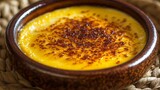 Decadent creme brulee with a crispy caramel layer over creamy vanilla custard, an elegant dessert.