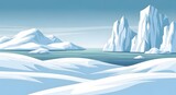 Cartoon illustration of an arctic landscape featuring icebergs, snow, and water under a blue sky.