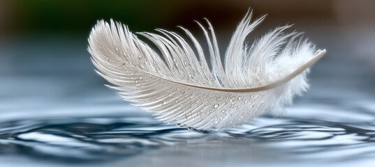 Wall Mural - Graceful White Feather with Water Pearls Floating on Calm Water Surface, Symbolizing Serenity
