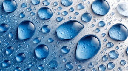 Wall Mural - stunning close-up of various blue water droplets on a smooth surface reflecting light and shapes