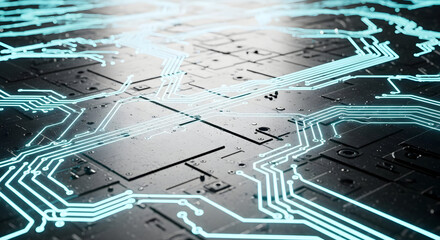Futuristic Circuit Board with Glowing Lines.