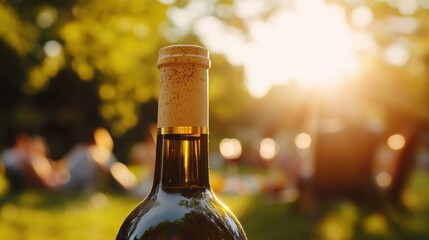 Wine bottle surrounded by relaxed people in outdoor picnic setting