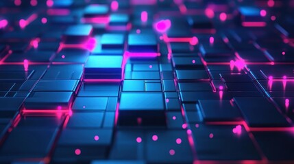 Wall Mural - Abstract digital artwork featuring a grid of dark blue, metallic cubes illuminated by vibrant pink and blue neon lines and small glowing particles. 