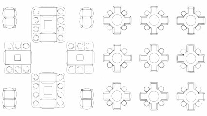 Wall Mural - A collection of furniture layouts including tables and chairs in different arrangements and configurations