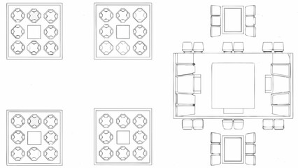 Wall Mural - Overhead view of four small square tables and one large table with chairs and display shelves design