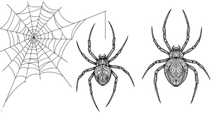 Intricate black and white spider and web design with detailed patterns for tattoo concepts