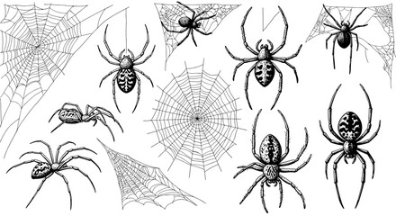 Intricate spider and web collection in detailed ink art style