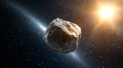 Wall Mural - A Rocky Asteroid on a Cosmic Journey Near a Distant Star, Reflecting Light in the Infinite Space