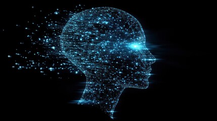 Wall Mural - Digital human head profile, constructed from glowing blue particles, against black backdrop