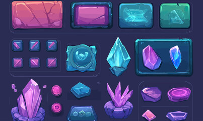 Cartoon fantasy crystal gems stones game UI elements set with colorful purple blue magic crystals buttons frames and interface icons in flat vector style