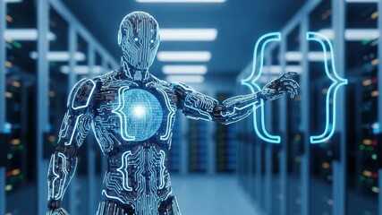 Robotic coding represented by humanoid robot figure with glowing programming symbols, and server room in background. Robotic coding has changed many areas of computer science and AI.