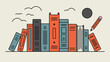 © Shahid - Illustration of a row of books with a pencil, birds, and a sun against a light background scene