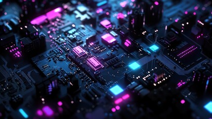 Wall Mural - Abstract depiction of a computer circuit board with neon pink and blue glowing elements