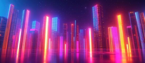Wall Mural - Neon city skyline at night, vibrant colors reflecting on wet ground.