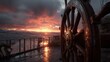 © Tumbal - Rainy Sunset Cityscape From A Ship Deck With Steering Wheel