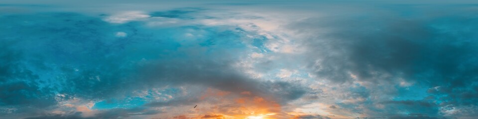 Wall Mural - Sunset sky panorama with bright glowing pink Cumulus clouds. HDR 360 seamless spherical panorama. Full zenith or sky dome in 3D, sky replacement for aerial drone panoramas. Climate and weather change.