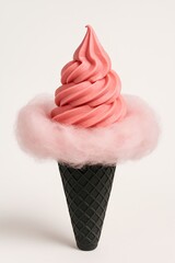 Wall Mural - Soft serve ice cream in a black waffle cone topped with fluffy pink cotton candy, creating a whimsical dessert experience perfect for summer treats and indulgence