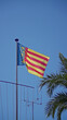 Valencia flag waving against clear blue sky with palm tree, symbolizing spanish region's sunny outdoor beauty and vibrant culture.