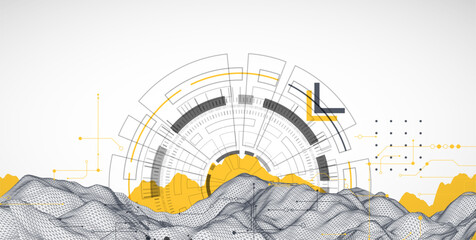 Wall Mural - Abstract data background with wireframe wave and circuit lines. Technology concept. Vector
