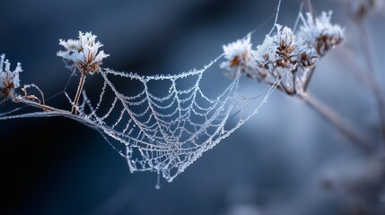 Delicate spider web covered glistening crystalline frost. Winter chill embraces intricate pattern, creating serene, beautiful natural display. Fragile artwork evokes sense of peace and wonder