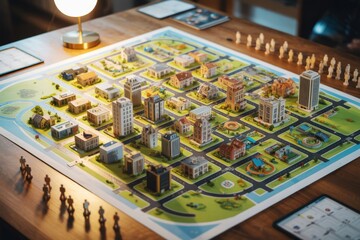 Creative board game with miniature city buildings and streets on wooden table under warm light background in strategy planning concept. Ai generative