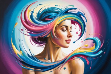 Wall Mural - woman with colorful abstract paint strokes swirling around her head on a vibrant gradient background