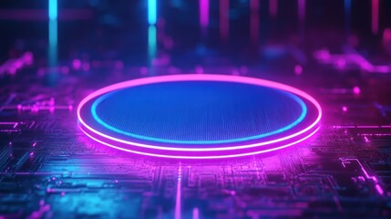 Wall Mural - Futuristic glowing platform amidst a network, vibrant neon pink/blue lights, digital