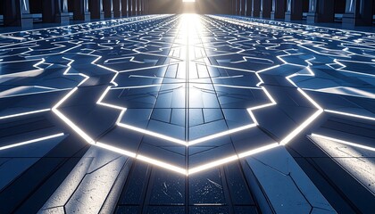 A sprawling cyber-inspired plaza with radiant geometric patterns on the ground, advanced lighting casting soft futuristic shadows in high detail.