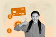 © deagreez - Collage of surprised person surrounded by dollar symbols and credit card representing income earnings and currency concept