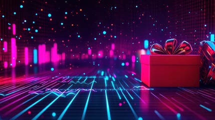 Wall Mural - Glowing neon lines and particles surround two red gift boxes on a dark reflective surface